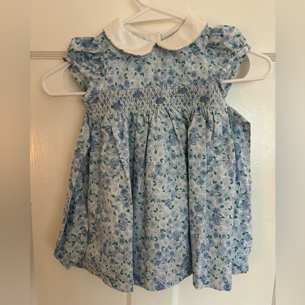 Trotters Blue Rose Print Smocked Dress